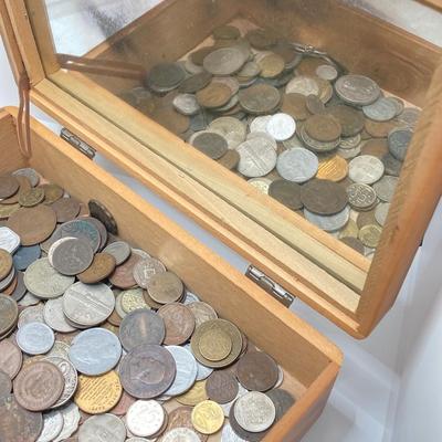 LOT 42: Vintage Cedar Box with Assorted Coins / Tokens