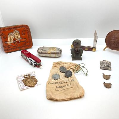 LOT 46: Vintage / Antique Collection - Knives, Coins, Toy Car, Sundial, Wallet, Wooden Token and Much More