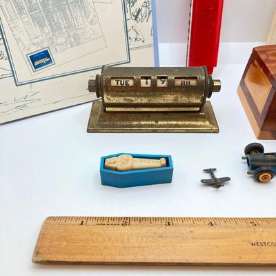 LOT 46: Vintage / Antique Collection - Knives, Coins, Toy Car, Sundial, Wallet, Wooden Token and Much More