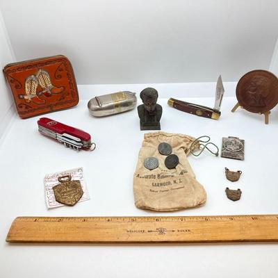 LOT 46: Vintage / Antique Collection - Knives, Coins, Toy Car, Sundial, Wallet, Wooden Token and Much More