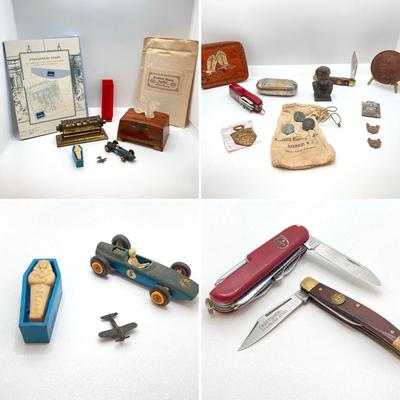 LOT 46: Vintage / Antique Collection - Knives, Coins, Toy Car, Sundial, Wallet, Wooden Token and Much More