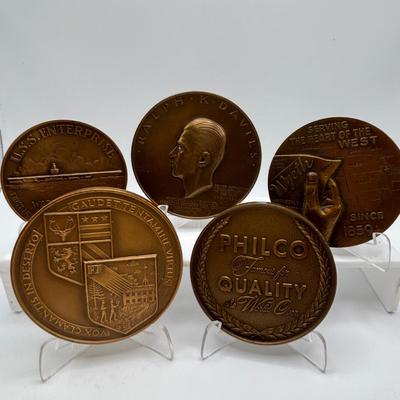 LOT 86: Bronze Metal Medallions: Ralph K Davies, Harold L Ickes, Philco 60th Anniversary, U.S.S. Enterprise, Dartmouth College, Wyeth Co,...