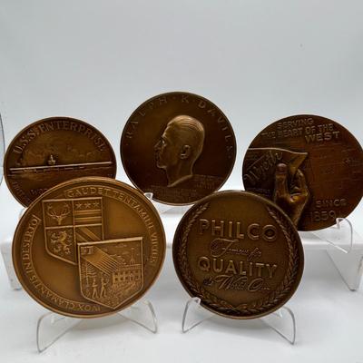 LOT 86: Bronze Metal Medallions: Ralph K Davies, Harold L Ickes, Philco 60th Anniversary, U.S.S. Enterprise, Dartmouth College, Wyeth Co,...