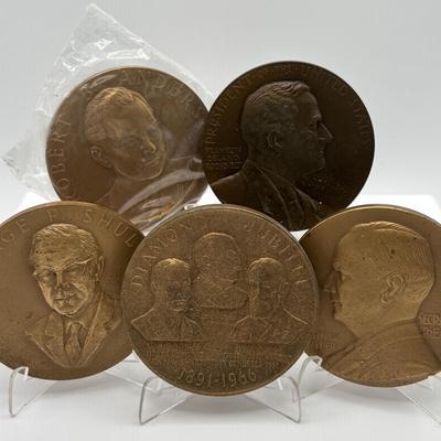 LOT 87: Bronze Metal Medallions: Franklin D Roosevelt, Robert B Anderson, John W Snyder, Diamond Jubilee, George P Shultz