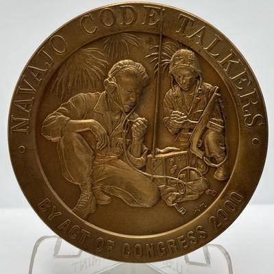 LOT 92: Collection of Five (5) Bronze Metal Medallions: Act of Congress, Worlds 1st Supersonic Flight, Navajo Code Talkers, General...