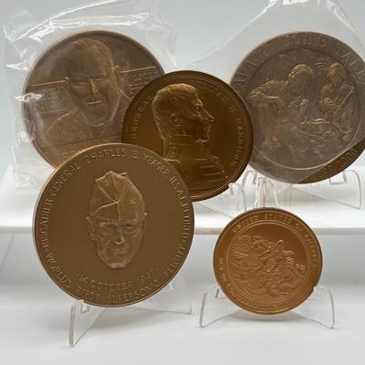 LOT 92: Collection of Five (5) Bronze Metal Medallions: Act of Congress, Worlds 1st Supersonic Flight, Navajo Code Talkers, General...