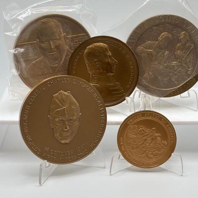 LOT 92: Collection of Five (5) Bronze Metal Medallions: Act of Congress, Worlds 1st Supersonic Flight, Navajo Code Talkers, General...