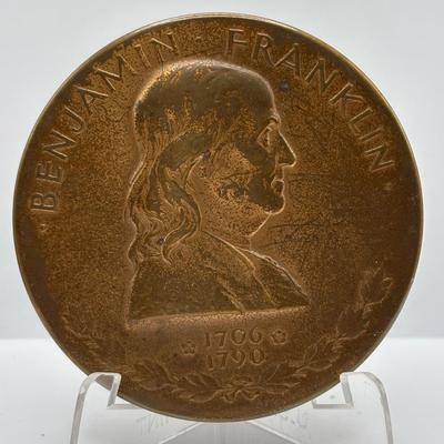 LOT 95: Assortment of Five (5) Bronze Metal Medallions: Charles Lindbergh, Benjamin Franklin, Joseph W Barker and Others