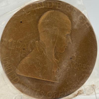 LOT 95: Assortment of Five (5) Bronze Metal Medallions: Charles Lindbergh, Benjamin Franklin, Joseph W Barker and Others