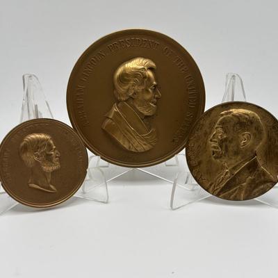LOT 97: Collection of Three (3) Bronze Metal Medallions/Tokens President Abraham Lincoln, President U.S. Grant and Andrew W. Mellon