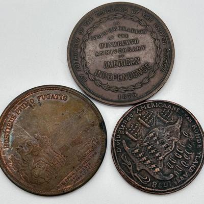 LOT 106: Collection of Metal Medallions/Tokens: 100th Anniversary of American, Rhode Island Ship Token, 125th Evacuation Day in Boston