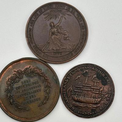 LOT 106: Collection of Metal Medallions/Tokens: 100th Anniversary of American, Rhode Island Ship Token, 125th Evacuation Day in Boston