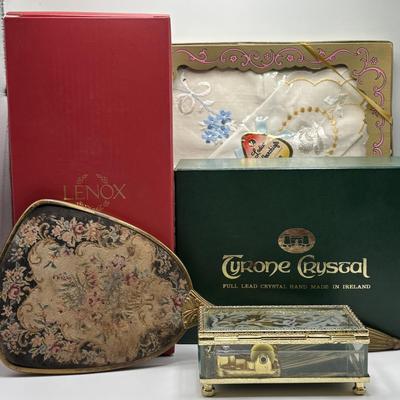 LOT 139: Lovely Ladies Dresser Collection: Vintage Tyrone Crystal Signed Cut Glass Tasseled Perfume Atomizer, Lenox Angel, Boxed...