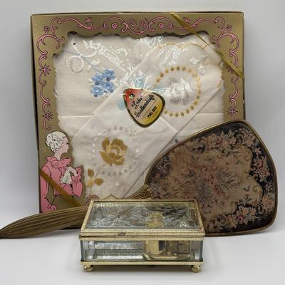 LOT 139: Lovely Ladies Dresser Collection: Vintage Tyrone Crystal Signed Cut Glass Tasseled Perfume Atomizer, Lenox Angel, Boxed...