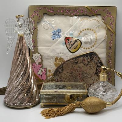 LOT 139: Lovely Ladies Dresser Collection: Vintage Tyrone Crystal Signed Cut Glass Tasseled Perfume Atomizer, Lenox Angel, Boxed...