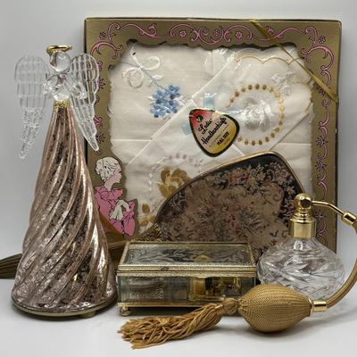 LOT 139: Lovely Ladies Dresser Collection: Vintage Tyrone Crystal Signed Cut Glass Tasseled Perfume Atomizer, Lenox Angel, Boxed...