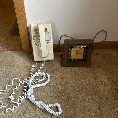 VINTAGE ROTARY WALL PHONE AND VINTAGE TELECHRON CLOCK
