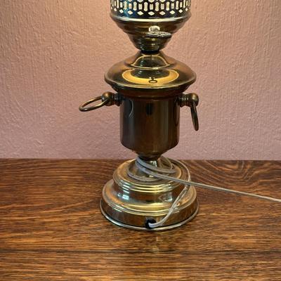 WOODEN TABLE WITH DRAWER AND LAMP
