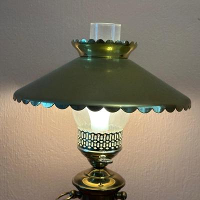 WOODEN TABLE WITH DRAWER AND LAMP
