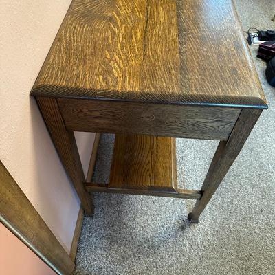 WOODEN TABLE WITH DRAWER AND LAMP