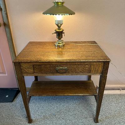 WOODEN TABLE WITH DRAWER AND LAMP