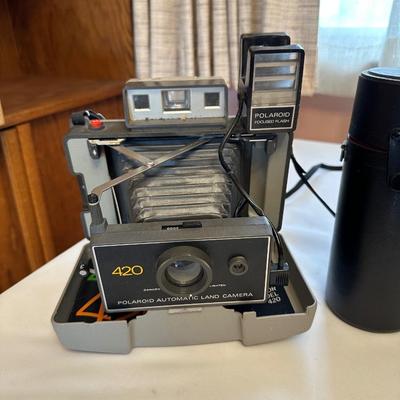VINTAGE POLAROID AUTOMATIC LAND CAMERA 420, VINTAGE ASAHI PENTAX SPOTMATIC CAMERA AND SIGMA LENSES