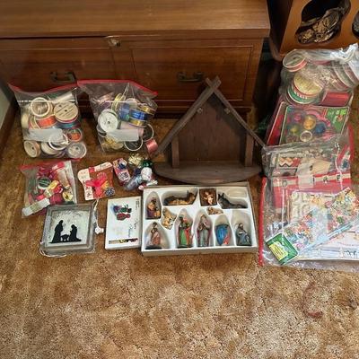 VINTAGE NATIVITY SCENE AND ASSORTMENT OF CHRISTMAS WRAPPING AND MORE