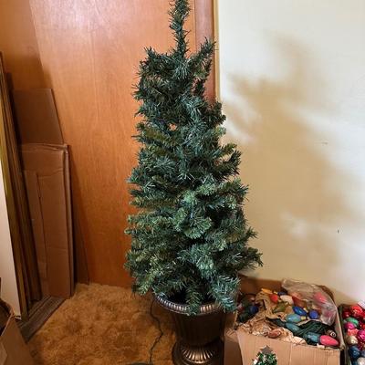 4’ LIGHTED CHRISTMAS TREE, VINTAGE LIGHTS, ORNAMENTS AND MUCH MORE