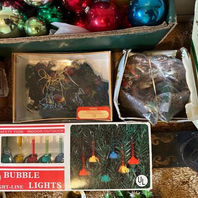4’ LIGHTED CHRISTMAS TREE, VINTAGE LIGHTS, ORNAMENTS AND MUCH MORE