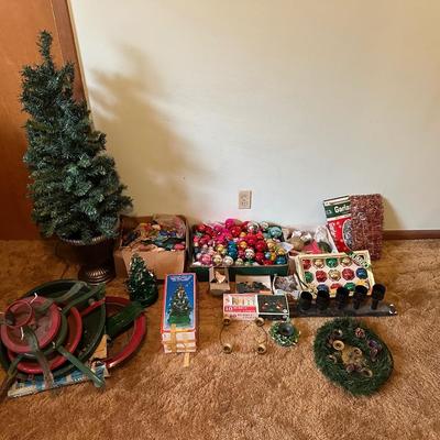 4’ LIGHTED CHRISTMAS TREE, VINTAGE LIGHTS, ORNAMENTS AND MUCH MORE