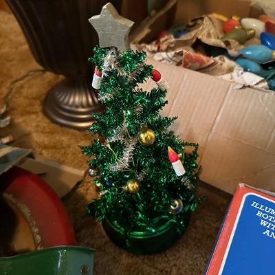4’ LIGHTED CHRISTMAS TREE, VINTAGE LIGHTS, ORNAMENTS AND MUCH MORE