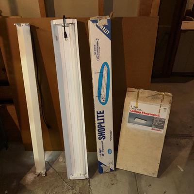 SHOP LIGHTS AND A 2 LIGHT OAK FINISH CEILING FLUORESCENT LIGHT