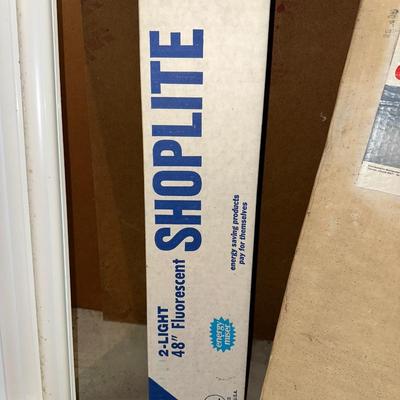 SHOP LIGHTS AND A 2 LIGHT OAK FINISH CEILING FLUORESCENT LIGHT