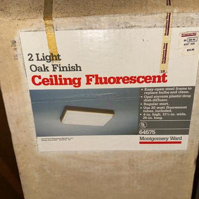 SHOP LIGHTS AND A 2 LIGHT OAK FINISH CEILING FLUORESCENT LIGHT