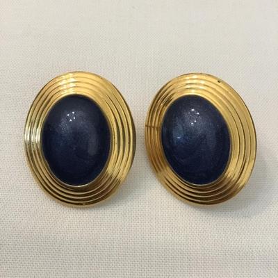 Vintage oval gold tone enamel blue center earrings