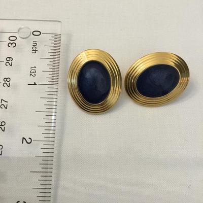 Vintage oval gold tone enamel blue center earrings