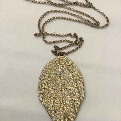 Cute rhinestone, gold, toned, leaf fashion necklace