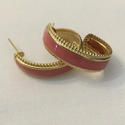 Vintage, gold, toned light, coral enamel hoop earrings
