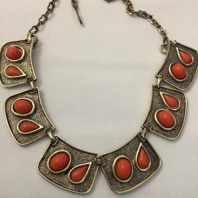 Vintage, gold, toned, orange, coral statement, necklace