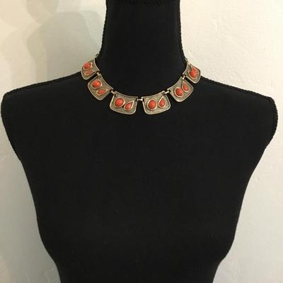 Vintage, gold, toned, orange, coral statement, necklace