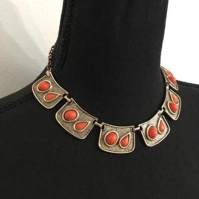 Vintage, gold, toned, orange, coral statement, necklace