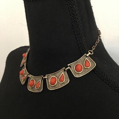 Vintage, gold, toned, orange, coral statement, necklace