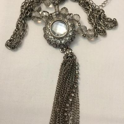 Pretty Silver, toned, rhinestone, crystal beaded tassel necklace