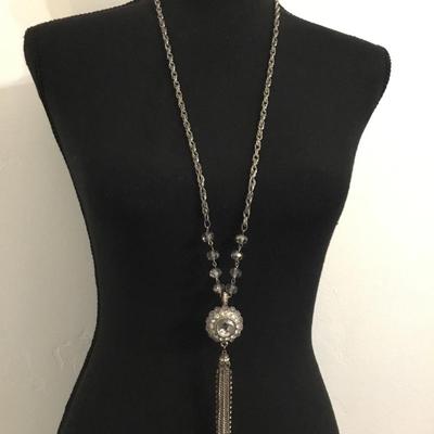 Pretty Silver, toned, rhinestone, crystal beaded tassel necklace