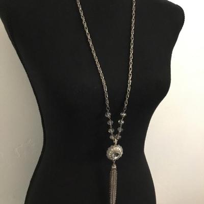 Pretty Silver, toned, rhinestone, crystal beaded tassel necklace