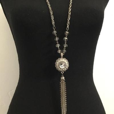 Pretty Silver, toned, rhinestone, crystal beaded tassel necklace