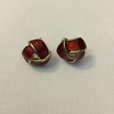 Vintage, silver, toned, Red enamel knotted studded earrings