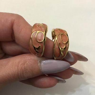 Vintage, heavy gold, toned, light, pink enamel half hoop earrings