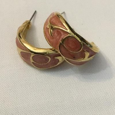 Vintage, heavy gold, toned, light, pink enamel half hoop earrings