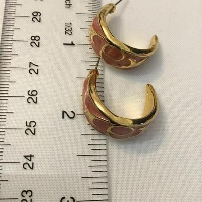 Vintage, heavy gold, toned, light, pink enamel half hoop earrings